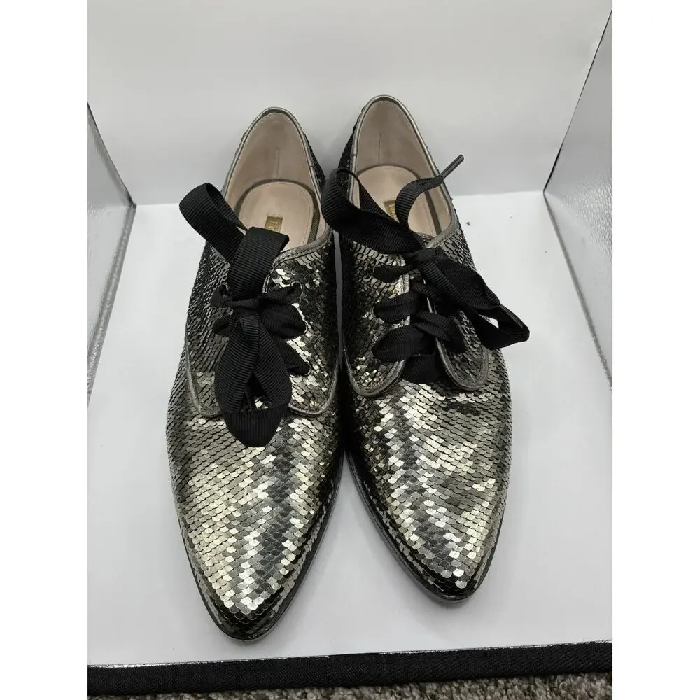 Louise et Cie Lo-Adwin Sequin Oxford Flats Women 8M Silver Gunmetal Lace Up